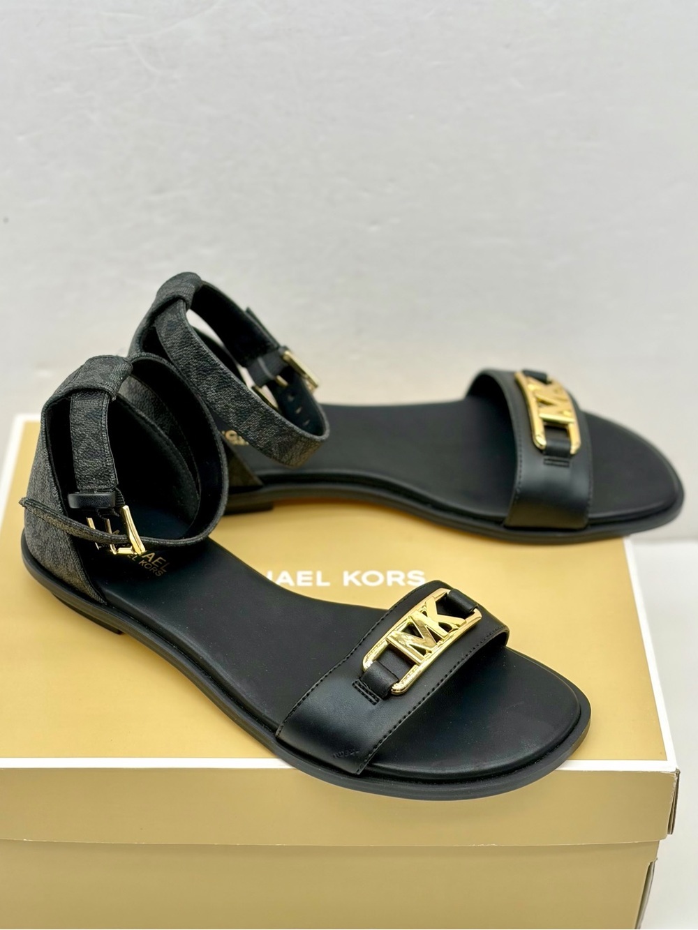 Michael Kors Women's Black MK Logo Ankle-Strap Sandals